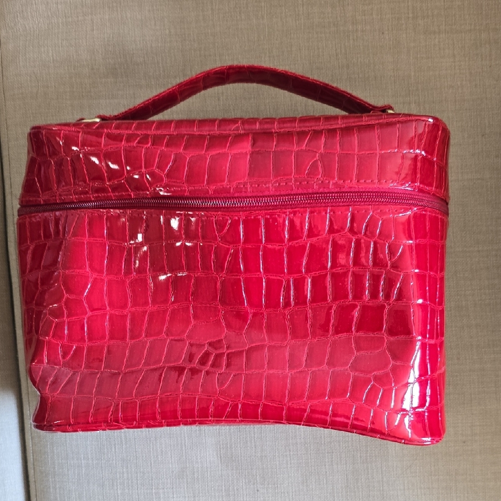 Red Crocodile-Embossed Cosmetic Bag